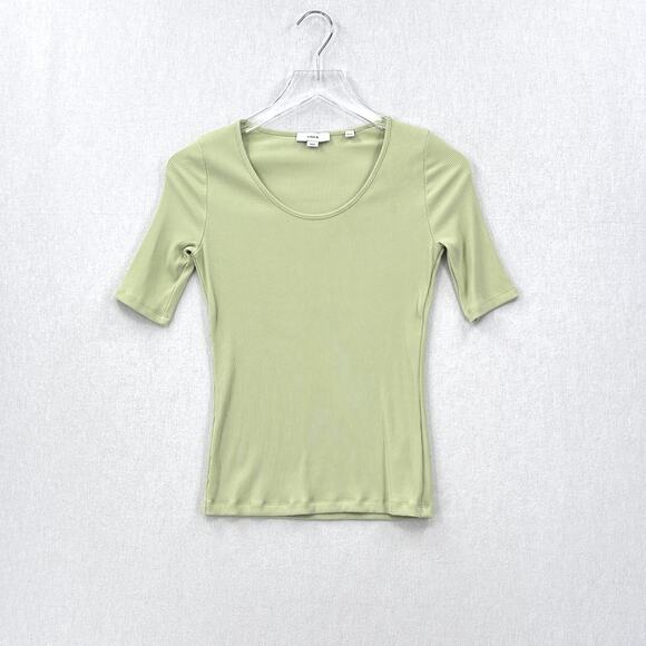 VINCE Ribbed Knit Half Sleeve Top Womens XS Light Green Stretch Scoop Slim Shirt - Picture 1 of 12